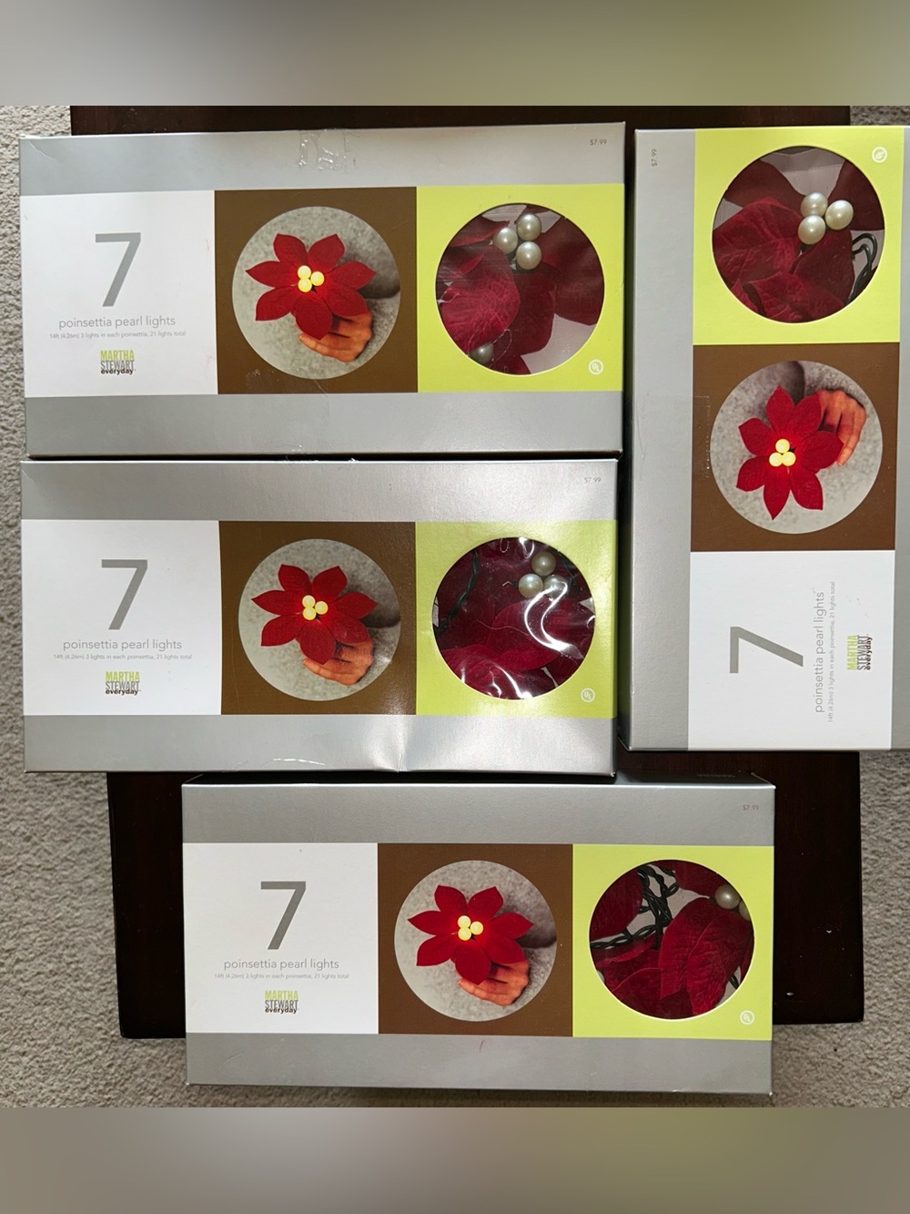 4 Retro Martha Stewart 2002 Red Pearl Poinsettia Christmas String Lights Rare